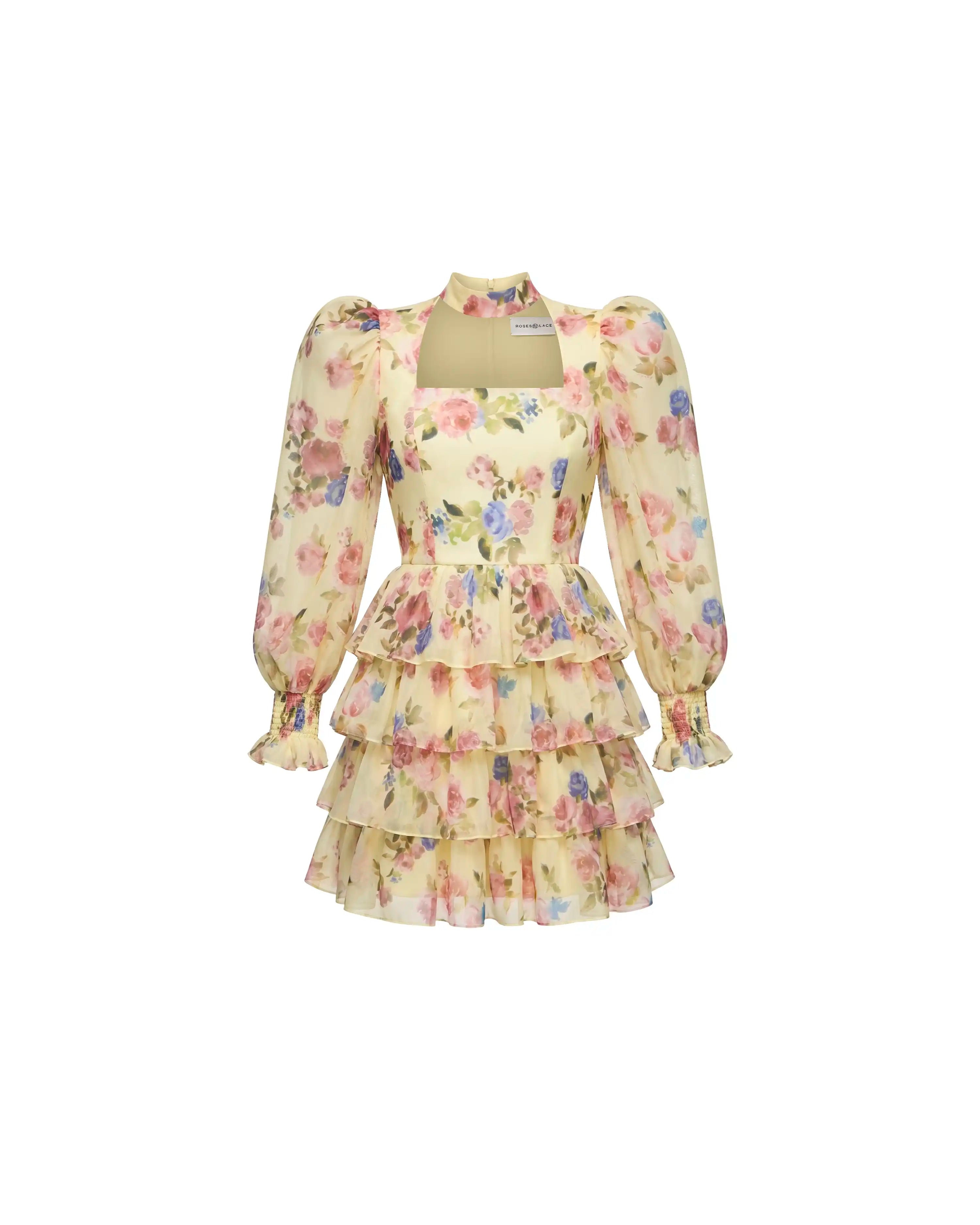 Valerie mini, mini dress in pale yellow crepe de chine with a floral p – ROSES LACE