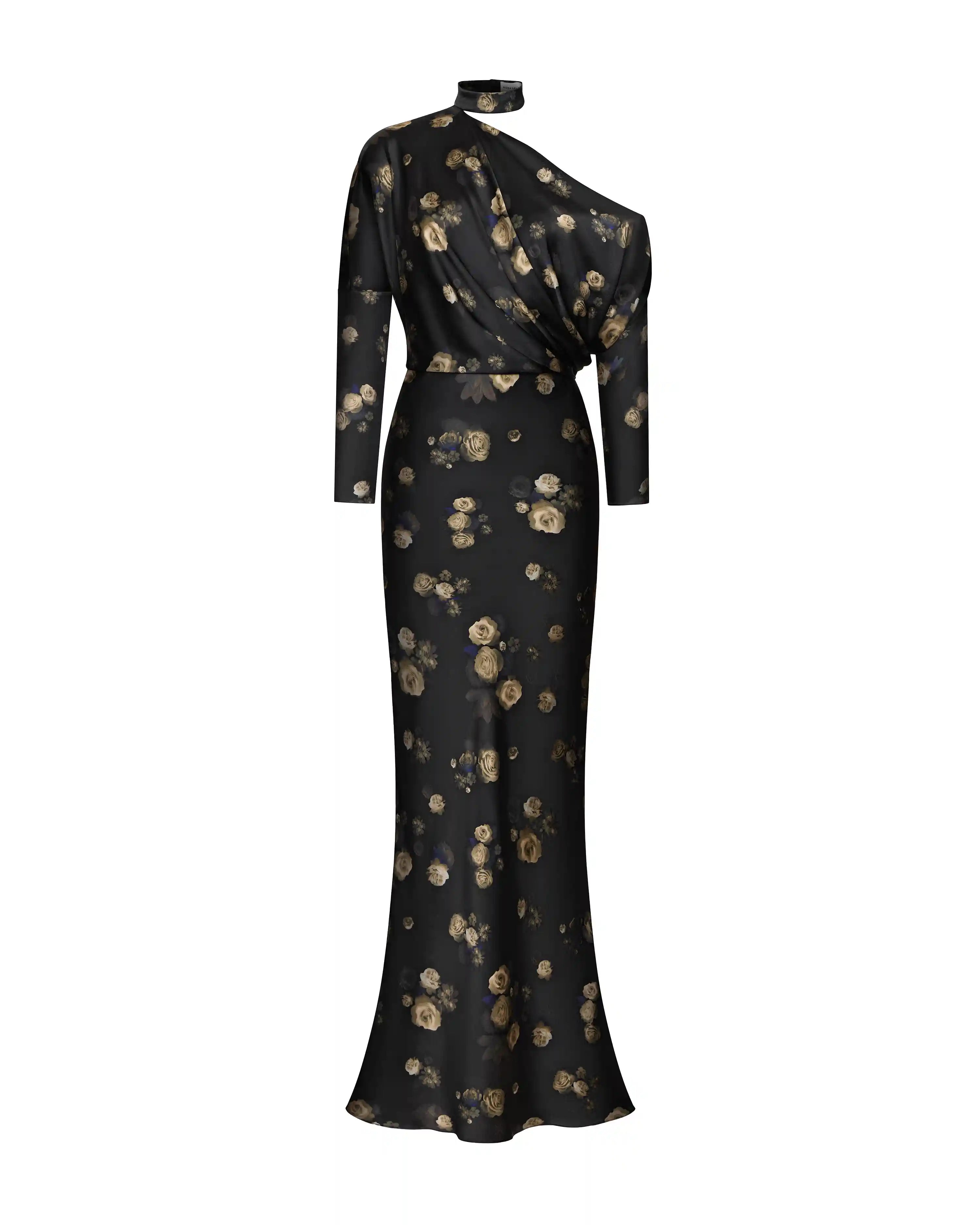 Anika maxi, maxi dress made of black satin with floral print – ROSES LACE