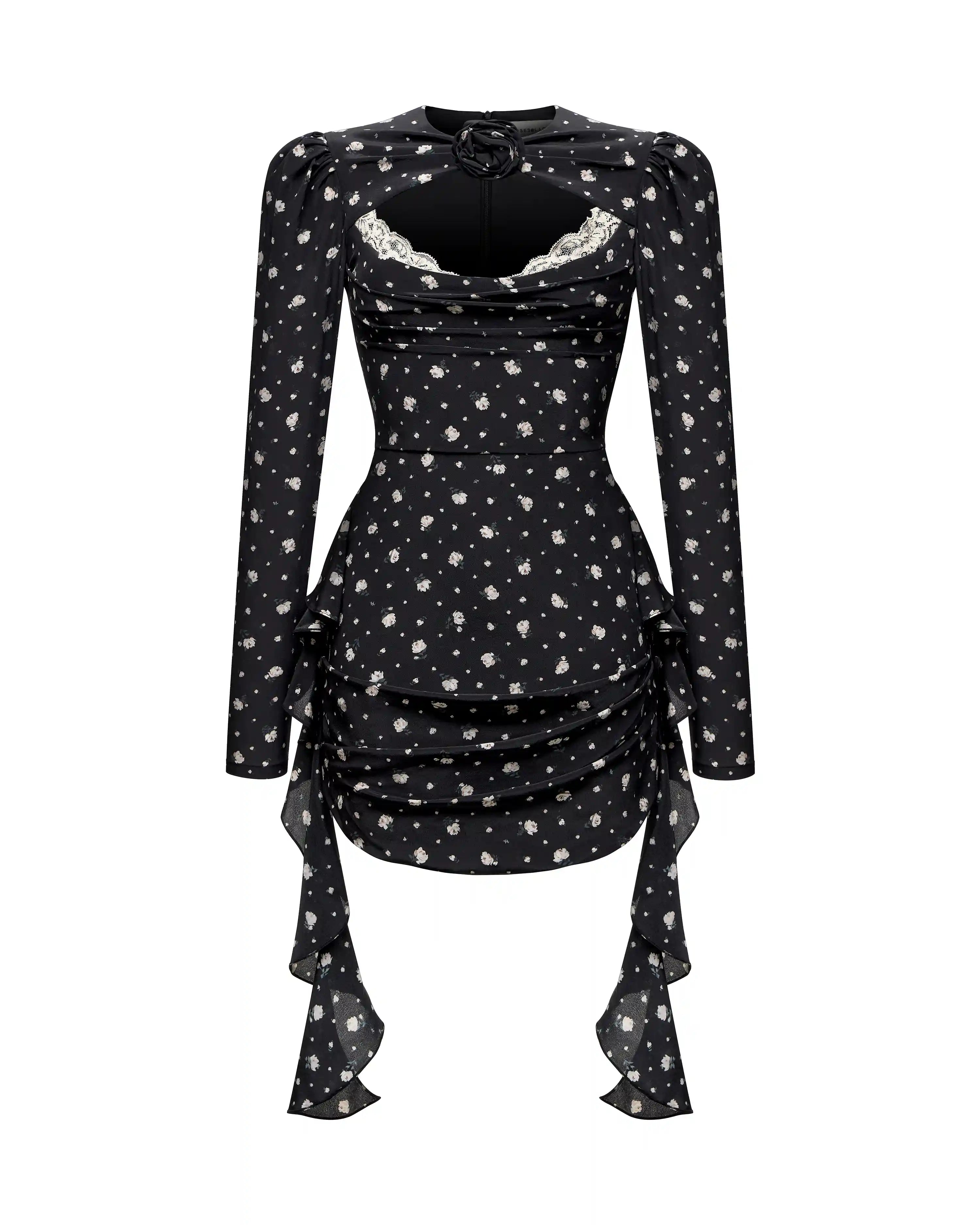 Macy, dress made of black crepe de chine with small floral print – ROSES  LACE