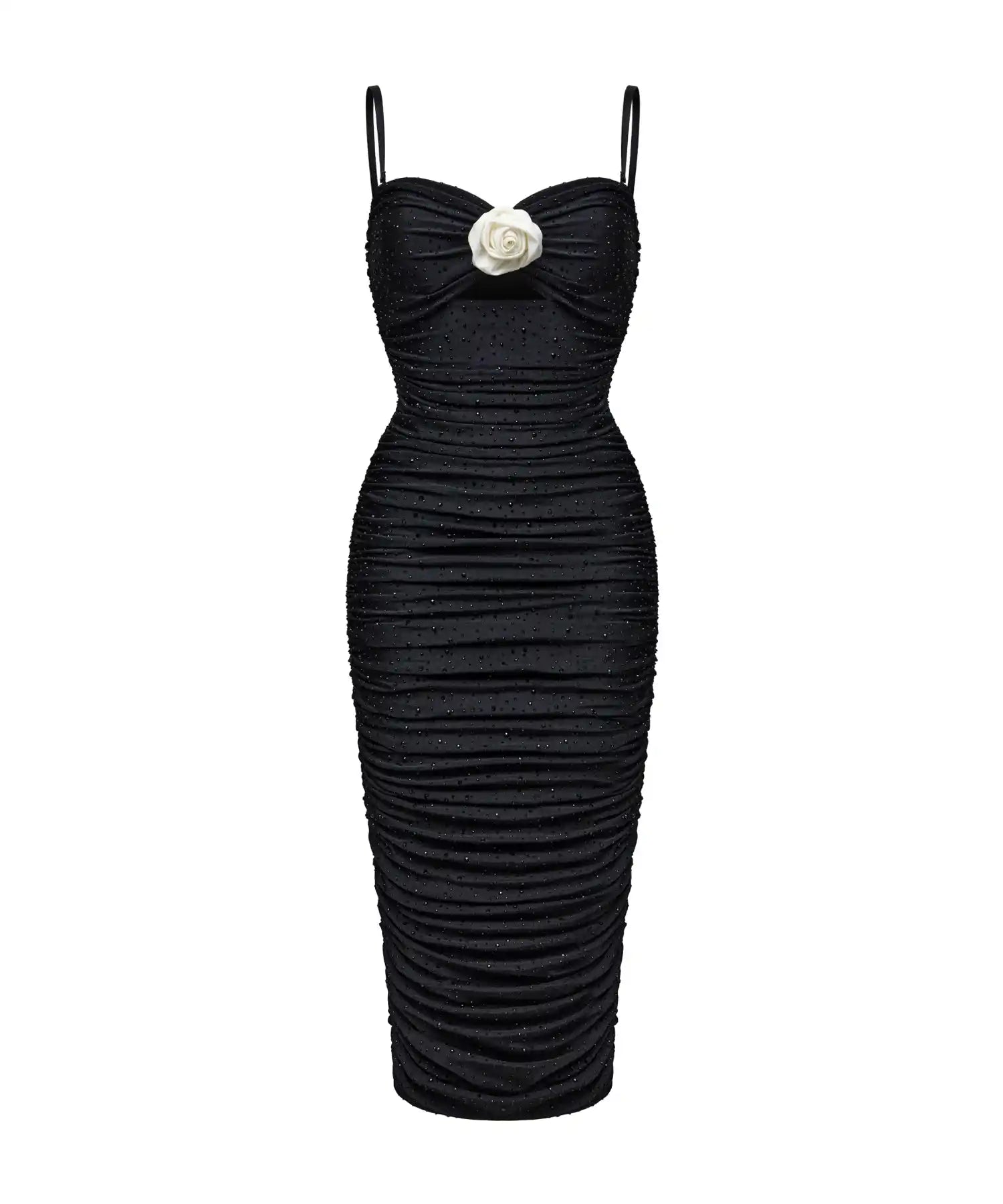 Nicole, black biflex midi dress with rhinestones and rose