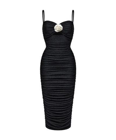 Nicole, black biflex midi dress with rhinestones and rose
