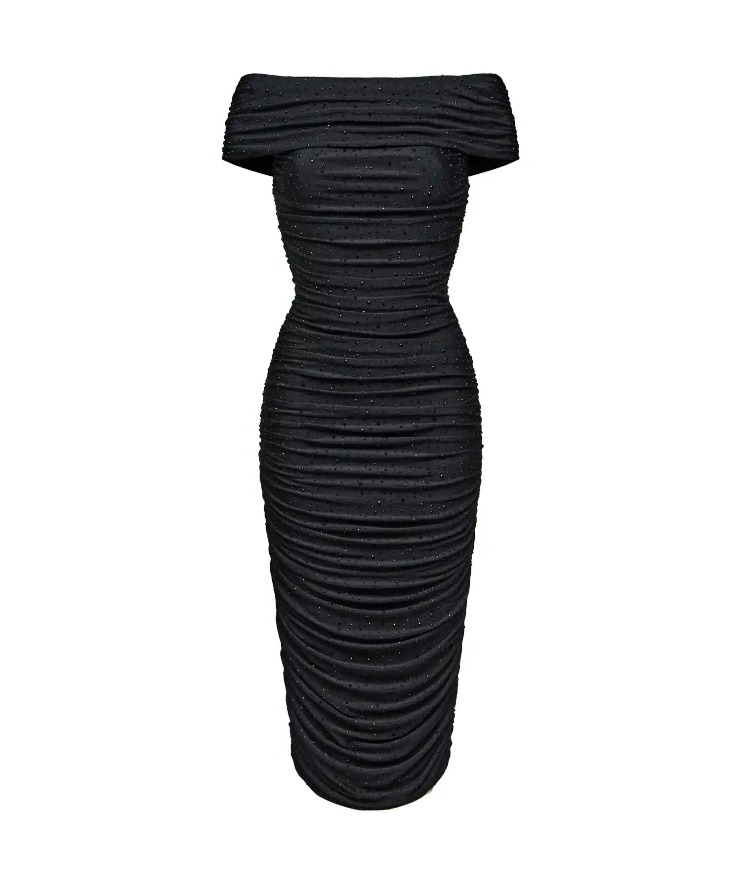 Iren, black biflex midi dress with rhinestones