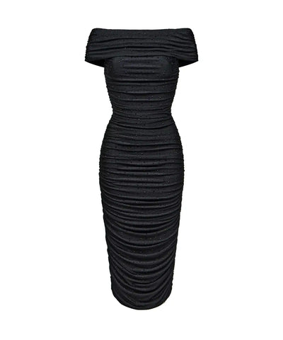 Iren, black biflex midi dress with rhinestones