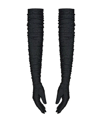 Liza, black biflex long gloves with rhinestones