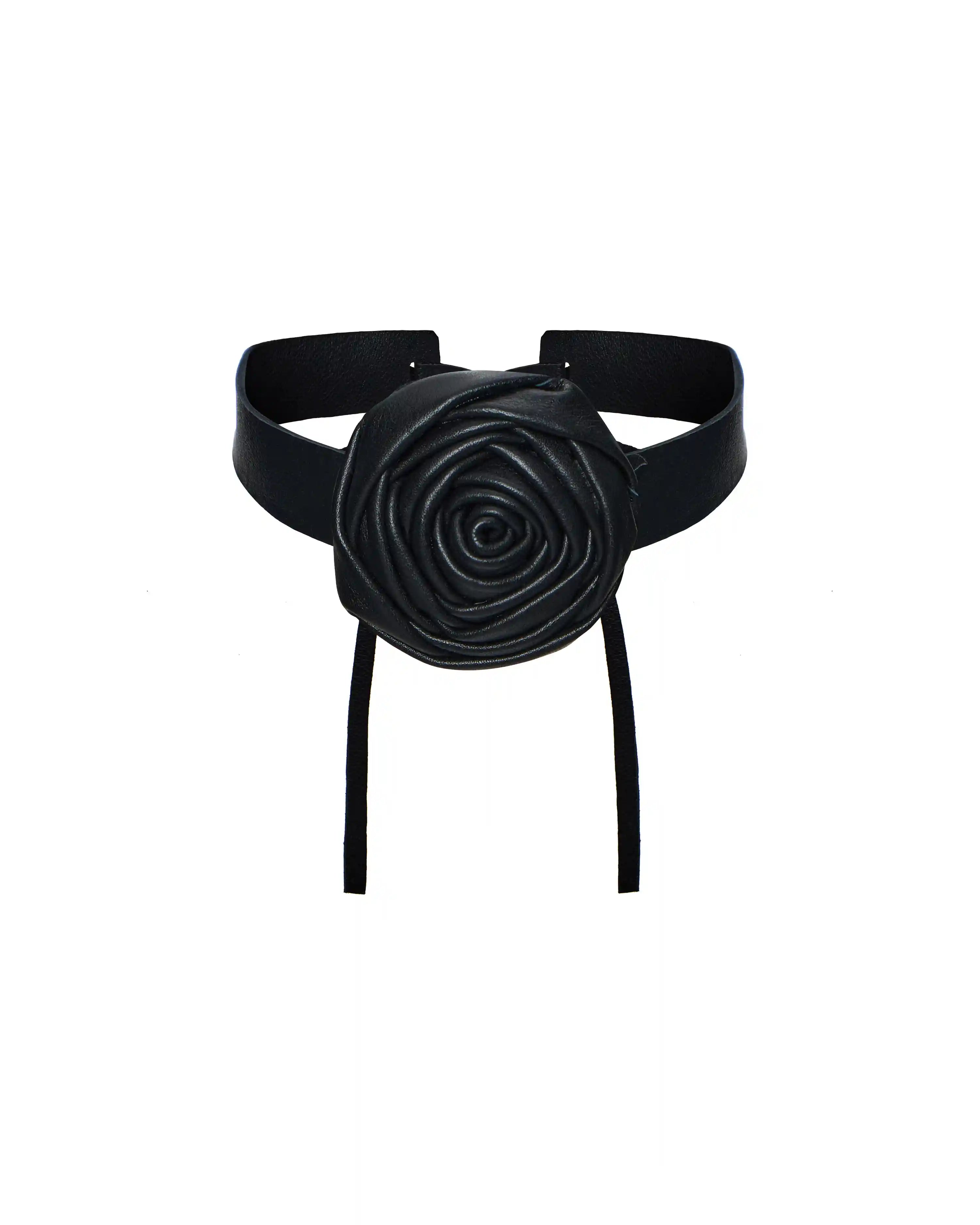 Lora rose, choker made of black genuine leather with a rose
