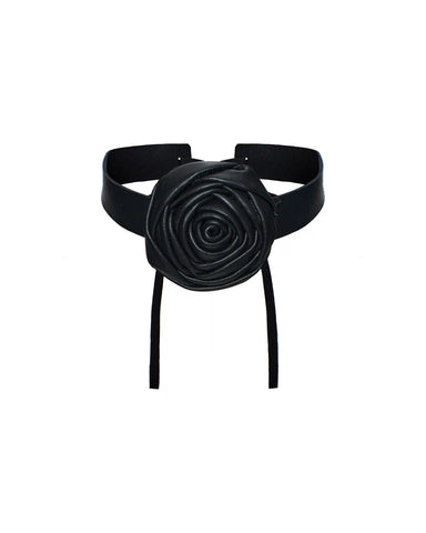 Lora rose, choker made of black genuine leather with a rose