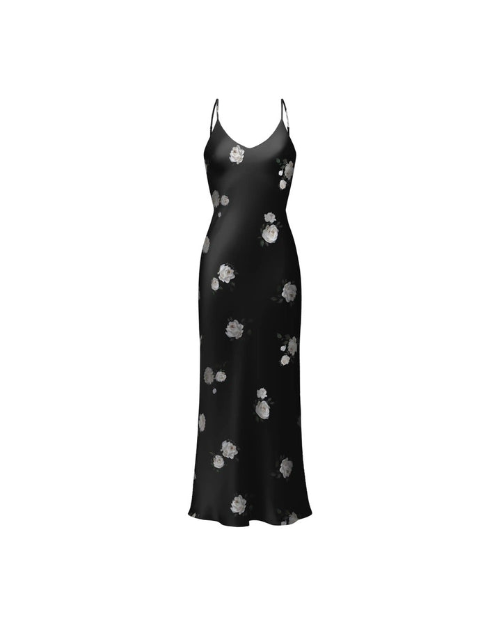 Cecil midi, black satin midi dress with floral print