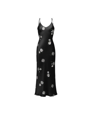 Cecil midi, black satin midi dress with floral print