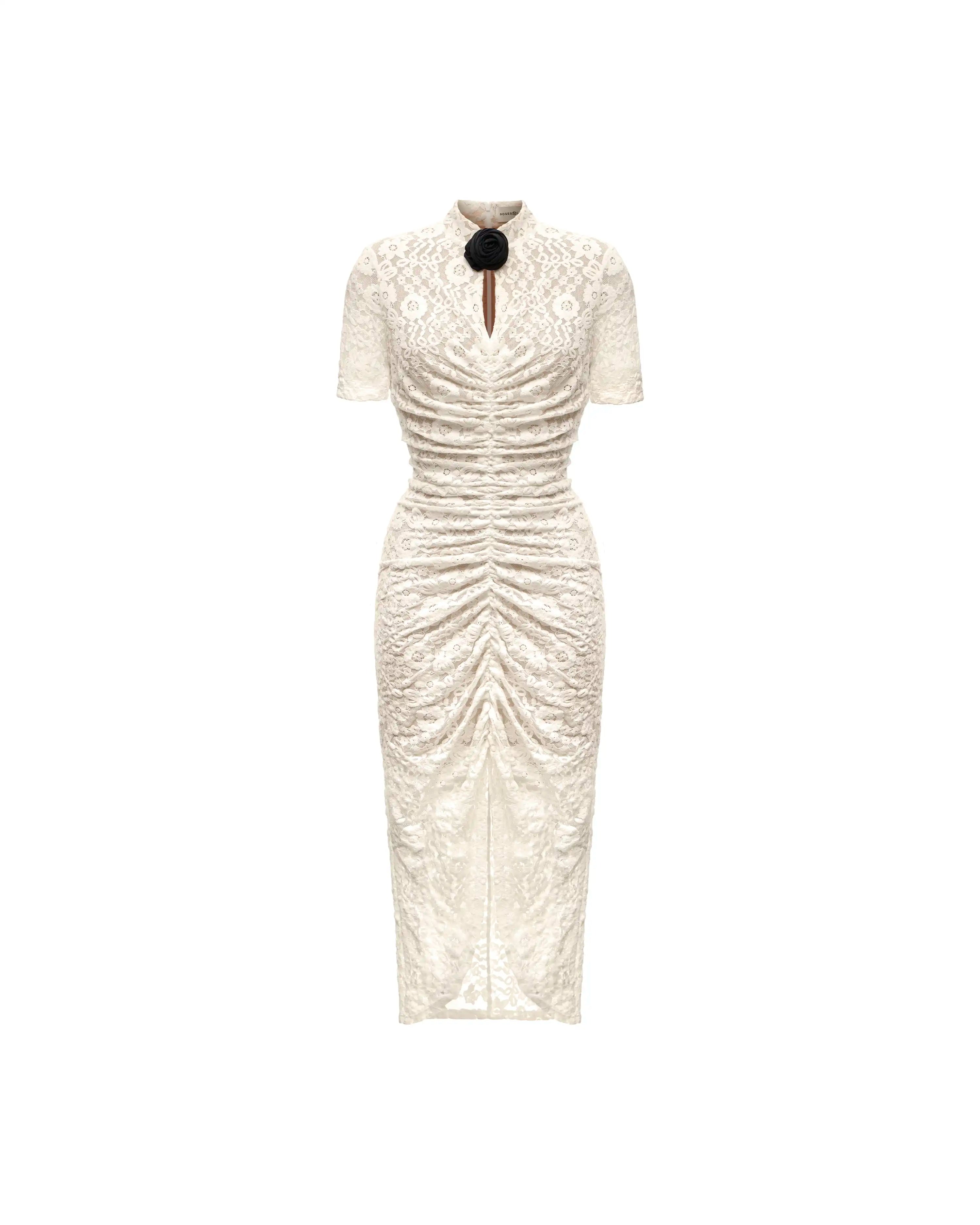 Amanda midi, milky lace dress with velvet flocking
