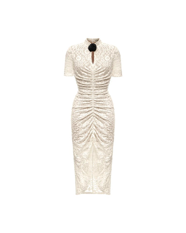 Amanda midi, milky lace dress with velvet flocking