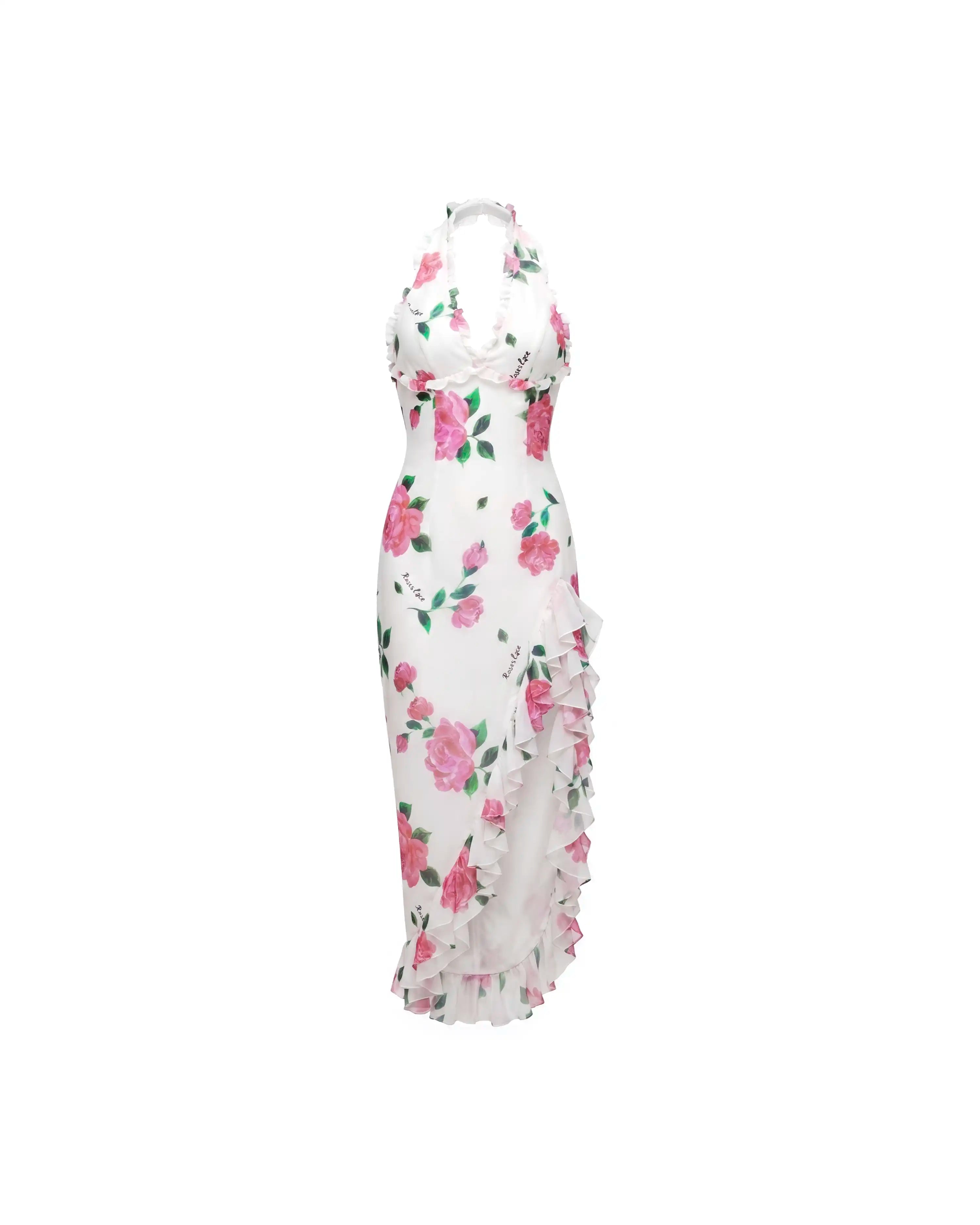 Quora midi, ivory chiffon midi dress with raspberry flowers