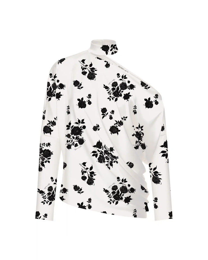Anika top, top with long sleeves and a choker made of ivory crepe de chine with floral print