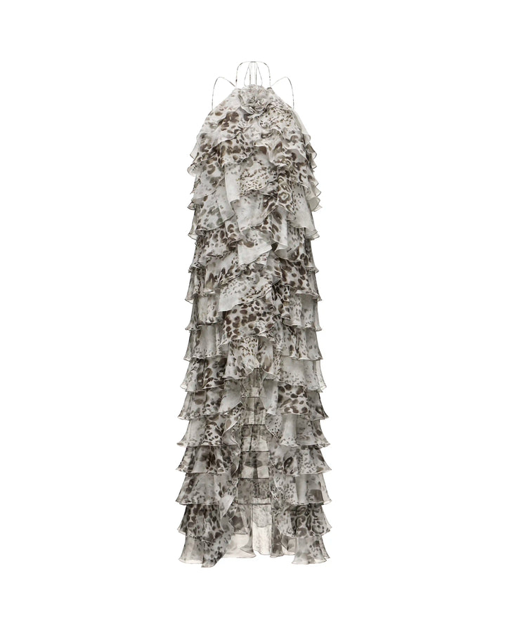 Dakota maxi, ivory chiffon maxi dress with animal print