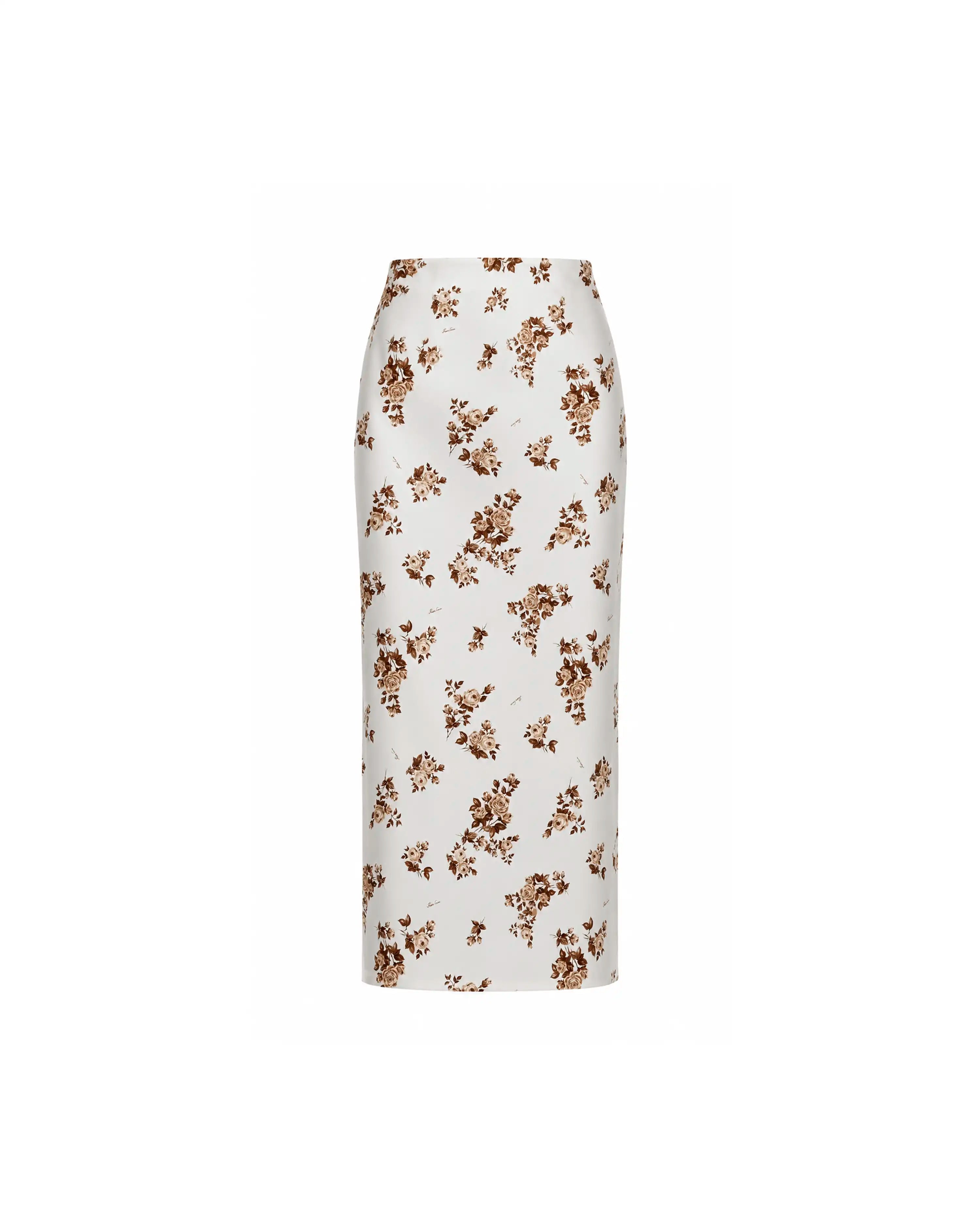 Adrianne midi, milky satin midi skirt with brown flowers