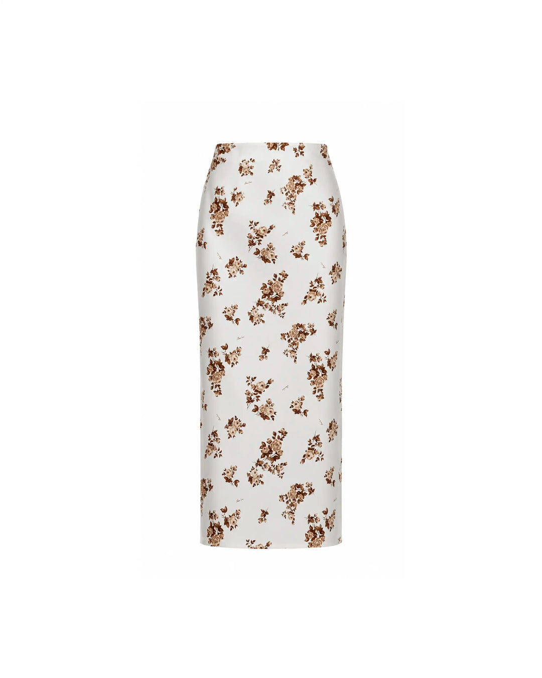 Adrianne midi, milky satin midi skirt with brown flowers