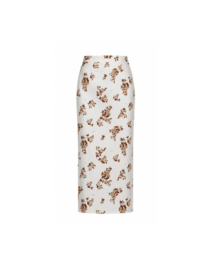 Adrianne midi, milky satin midi skirt with brown flowers
