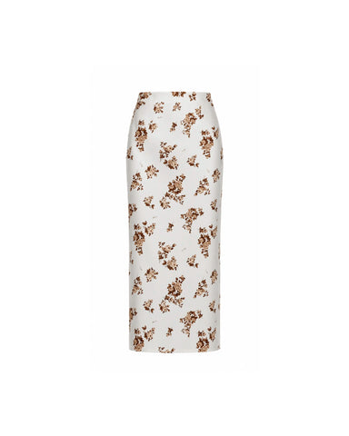 Adrianne midi, milky satin midi skirt with brown flowers