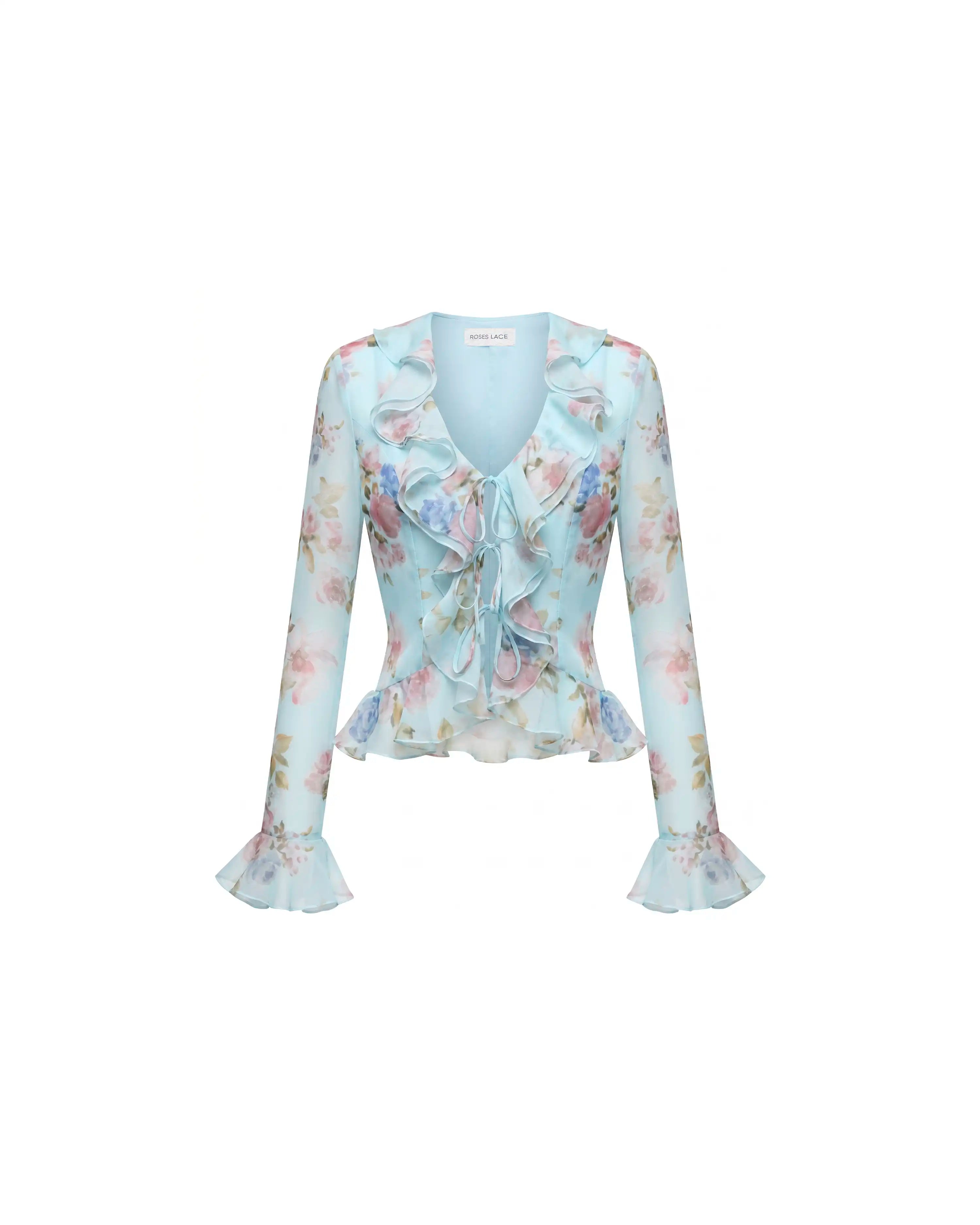 Ruzana, blouse with sleeves and ruffles in blue chiffon with a floral print