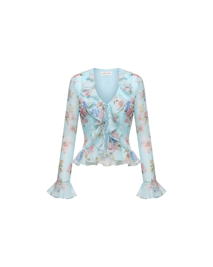 Ruzana, blouse with sleeves and ruffles in blue chiffon with a floral print
