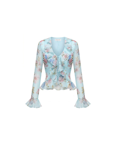 Ruzana, blouse with sleeves and ruffles in blue chiffon with a floral print