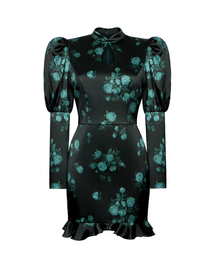 Giannetta mini, mini dress made of dark green satin with a floral print