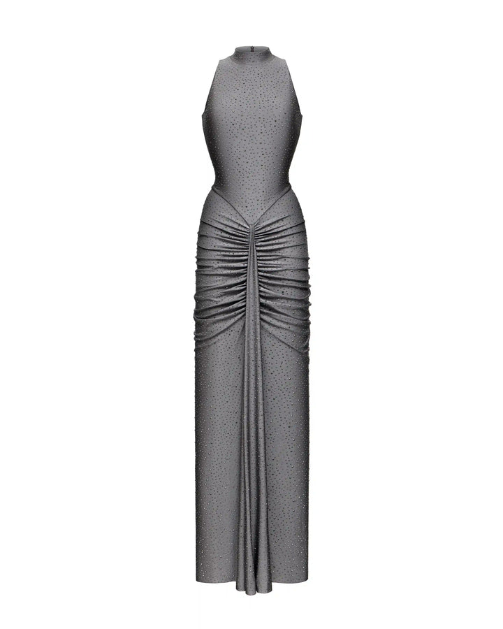 Ivy maxi, maxi dress made of gray biflex with rhinestones