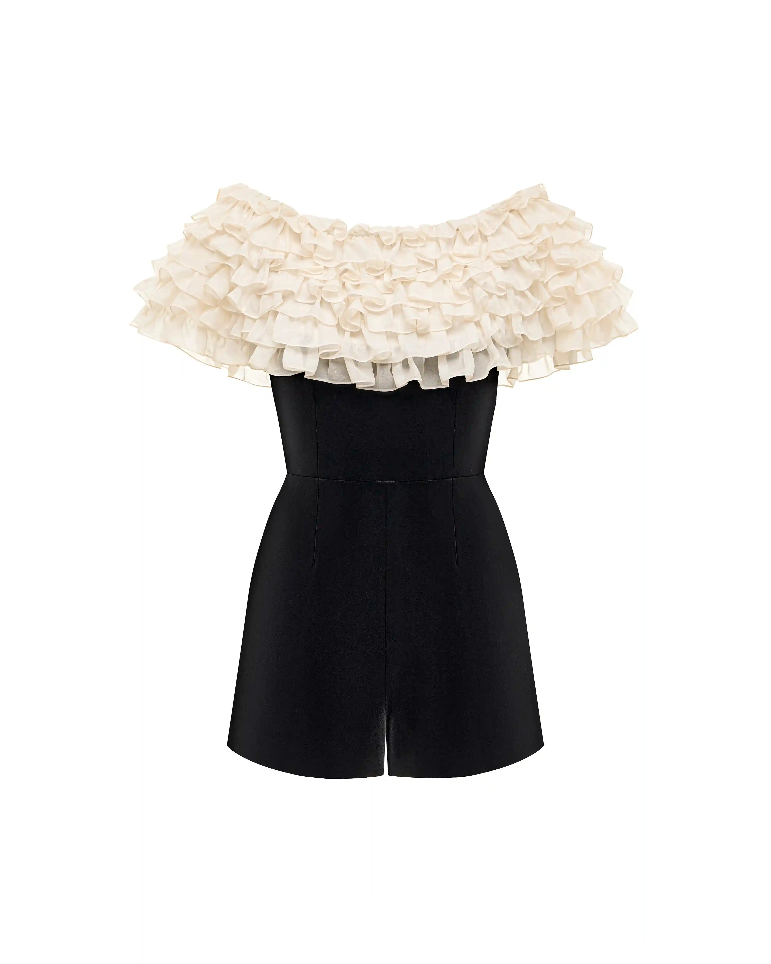 Abby, velvet jumpsuit with chiffon ruffles