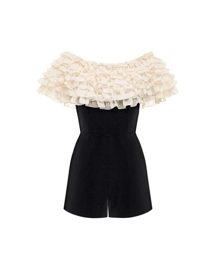 Abby, velvet jumpsuit with chiffon ruffles