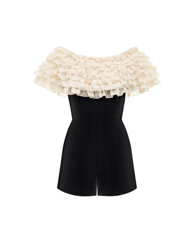 Abby, velvet jumpsuit with chiffon ruffles
