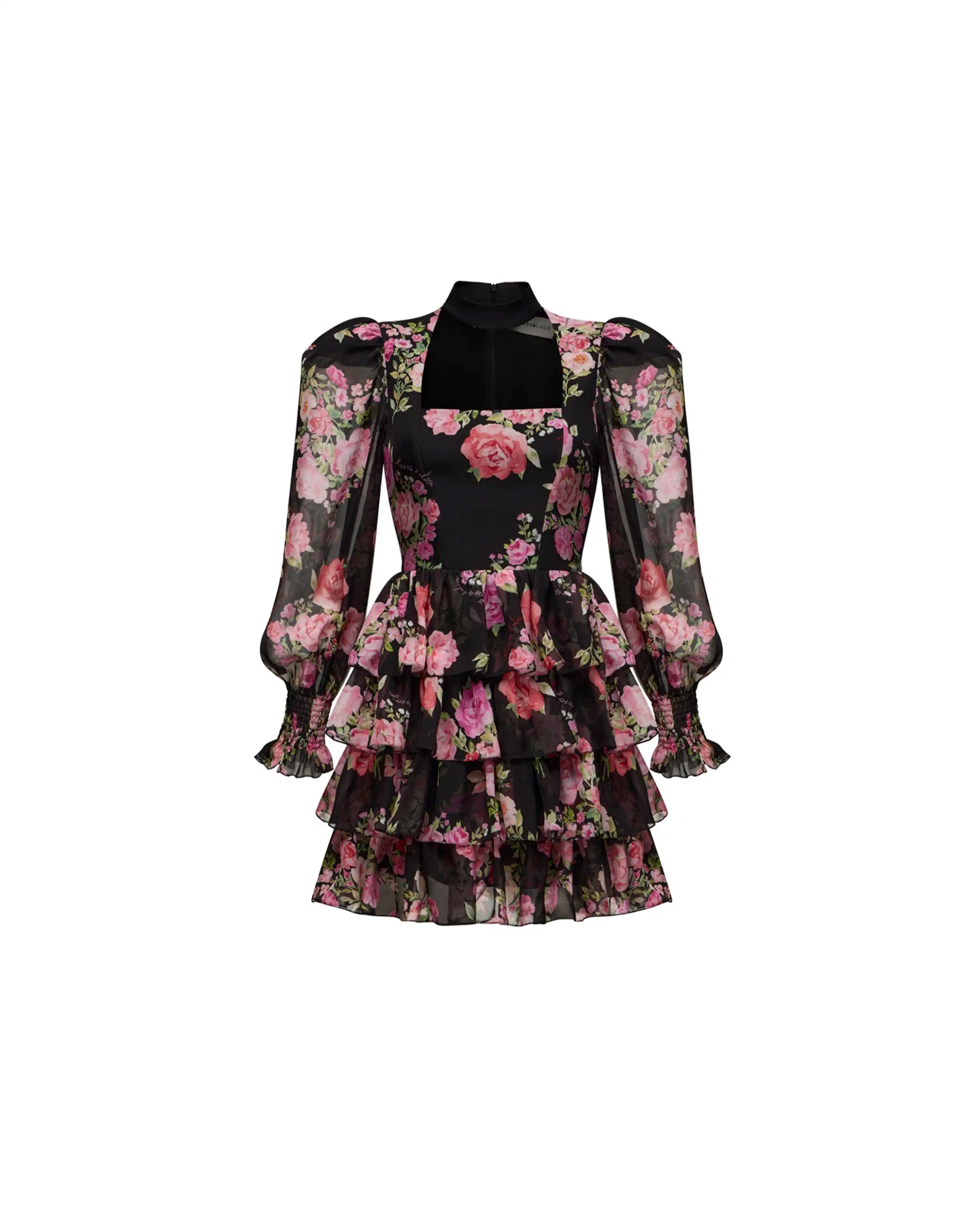 Valerie mini, chiffon mini dress with ruffles in black with medium pink flowers