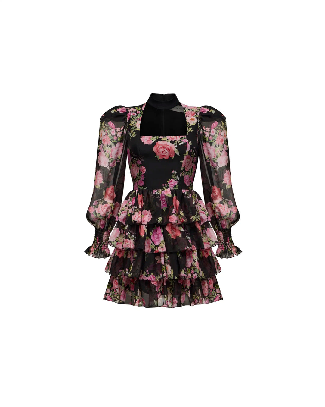 Valerie mini, chiffon mini dress with ruffles in black with medium pin – ROSES LACE
