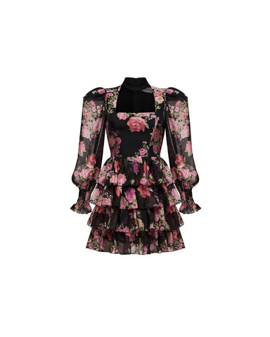 Valerie mini, chiffon mini dress with ruffles in black with medium pink flowers