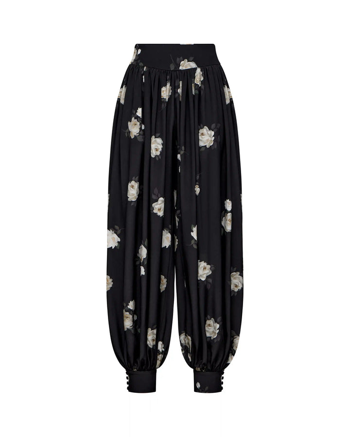 Evie, trousers made of black crepe de chine with floral print