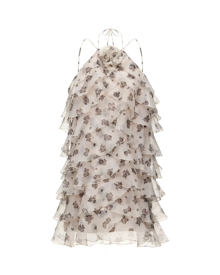 Dahlia, mini dress made of ivory organza with floral print and rose