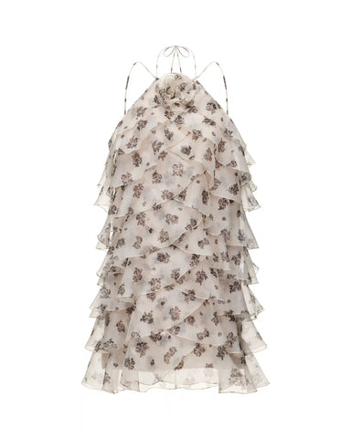 Dahlia, mini dress made of ivory organza with floral print and rose