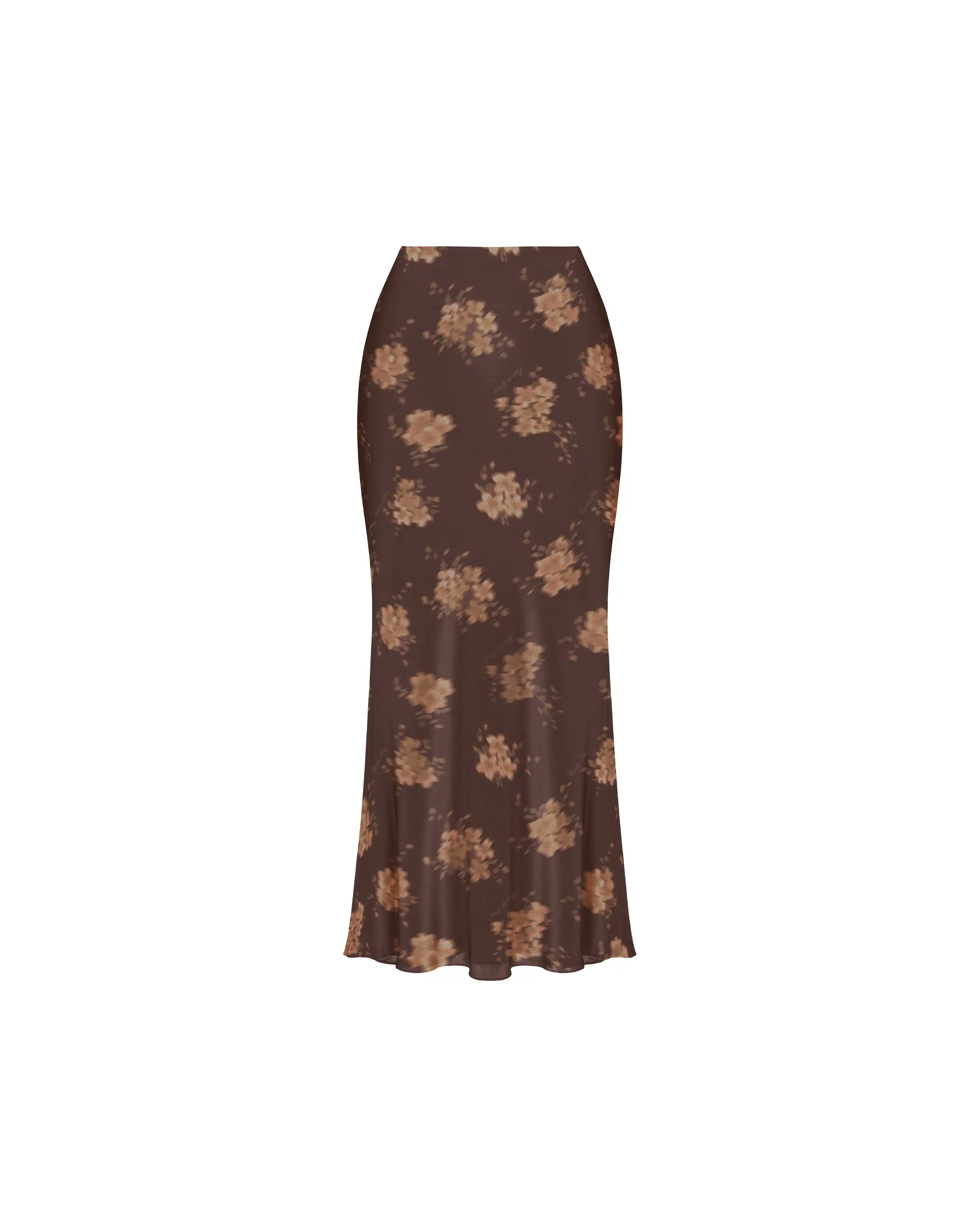 Kerelin midi, chocolate crepe de chine midi skirt with beige flowers