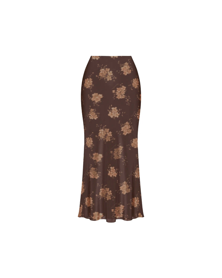 Kerelin midi, chocolate crepe de chine midi skirt with beige flowers