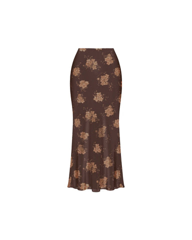 Kerelin midi, chocolate crepe de chine midi skirt with beige flowers