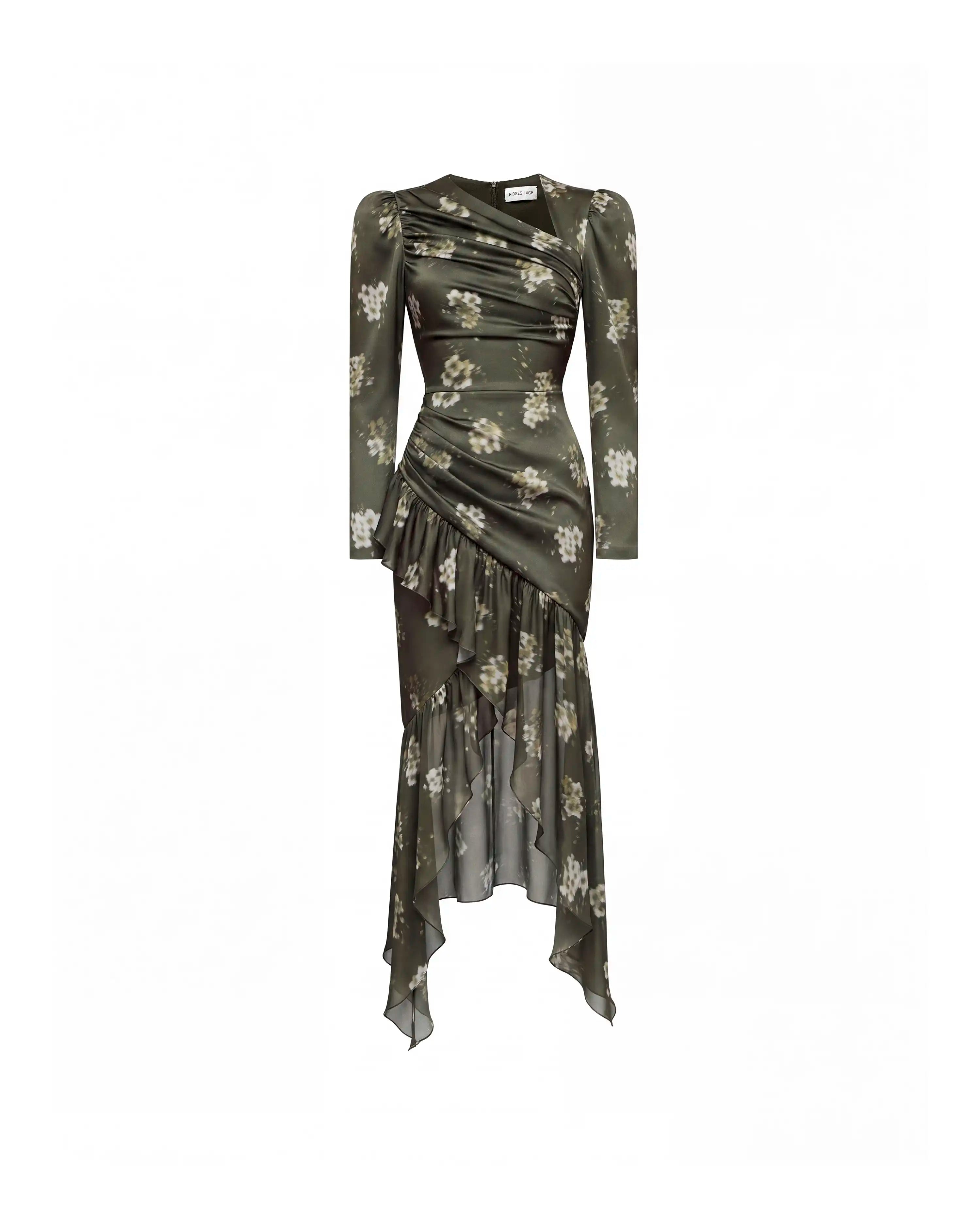 Orlene midi, khaki crepe de chine and chiffon midi dress with ivory flowers