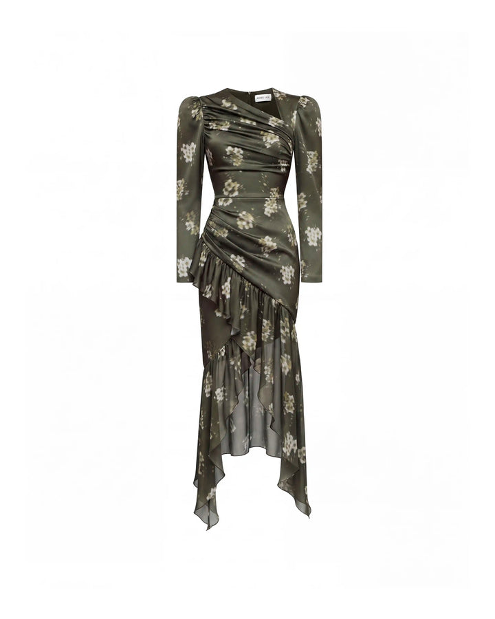 Orlene midi, khaki crepe de chine and chiffon midi dress with ivory flowers