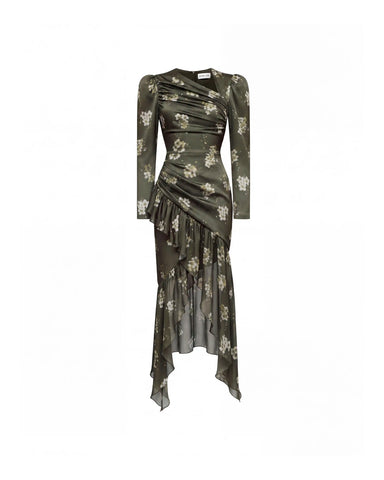 Orlene midi, khaki crepe de chine and chiffon midi dress with ivory flowers