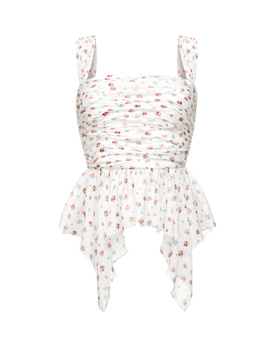 Jean, corset top with asymmetrical peplum, milky white with delicate red blossoms