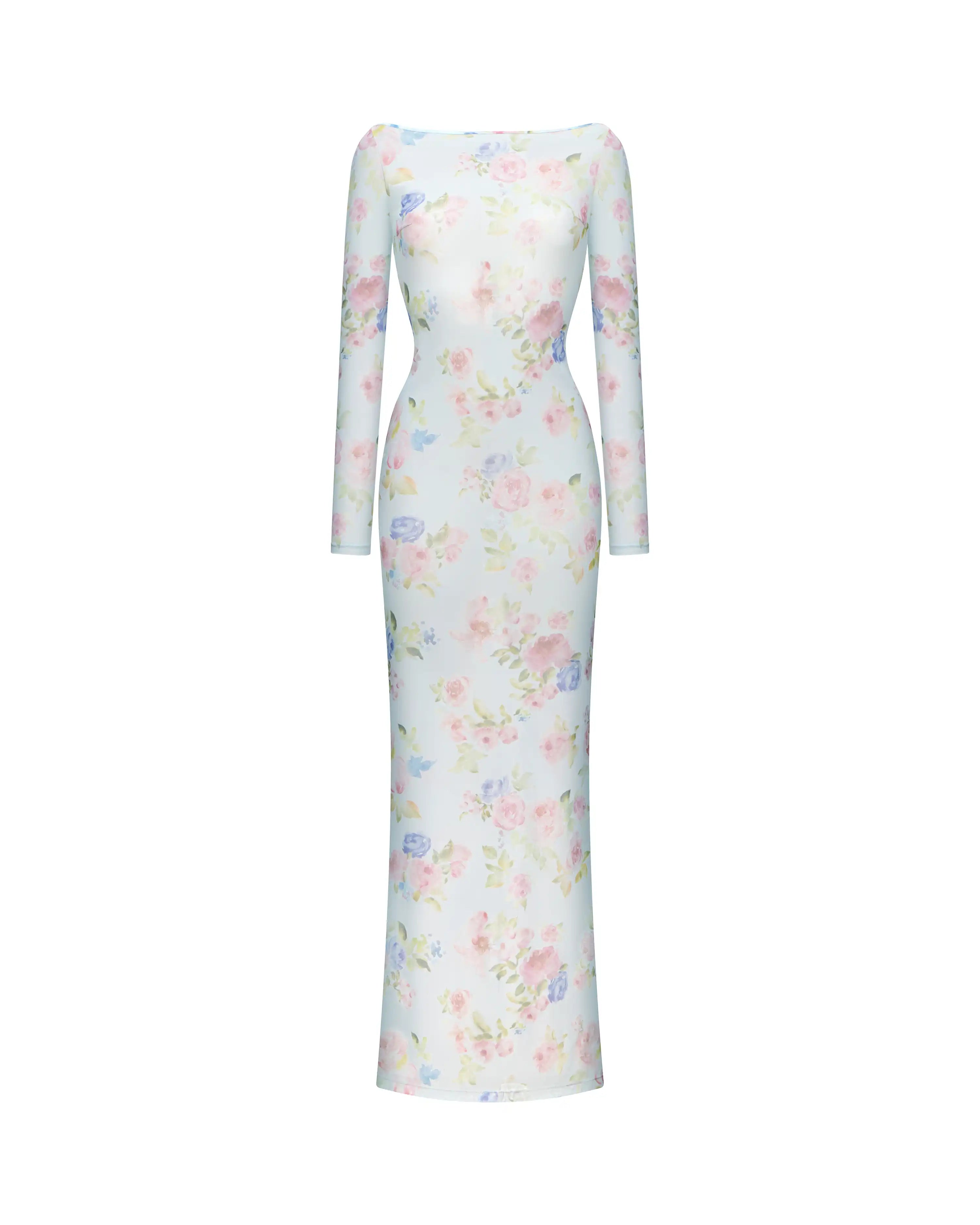 Monet maxi, blue mesh maxi dress with a floral print