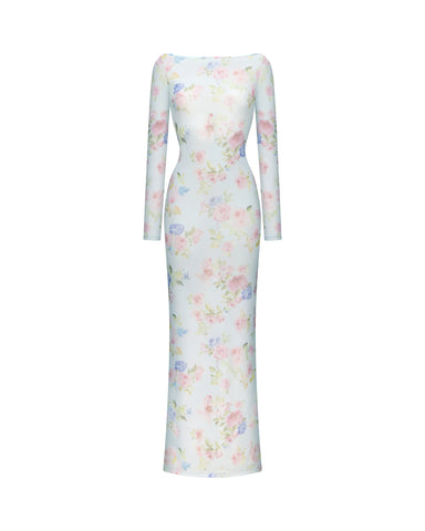 Monet maxi, blue mesh maxi dress with a floral print