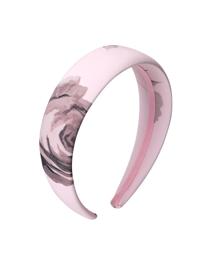 Noelia, headband made of lilac biflex with gray flowers
