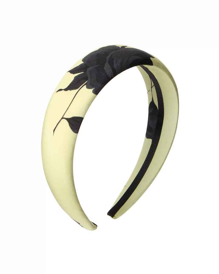 Noelia, headband made of yellow batiste with gray flowers