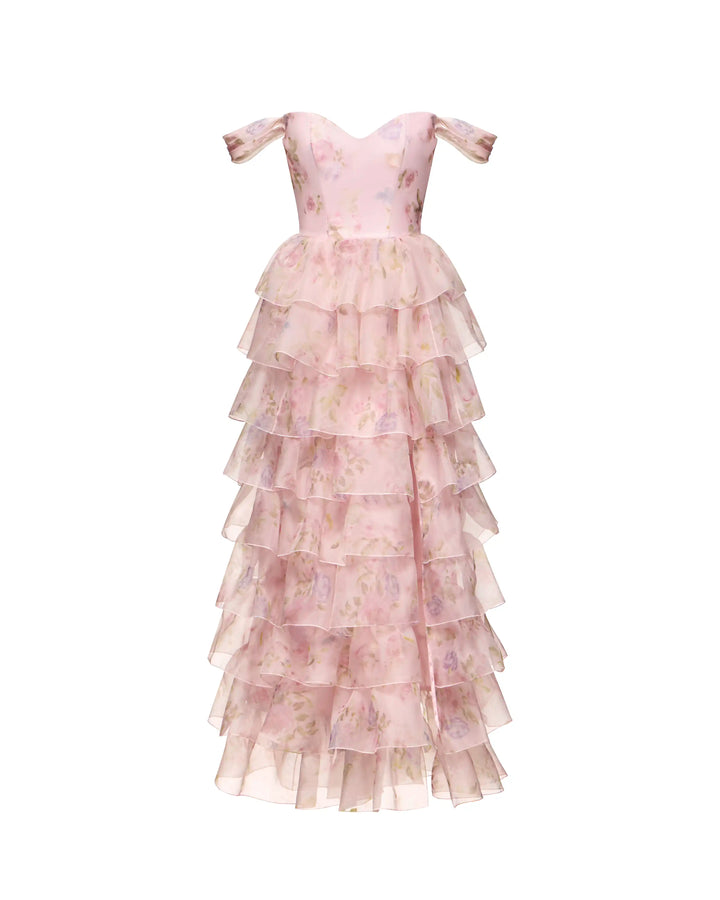 Lisen maxi, corset maxi dress in pink organza with a floral print