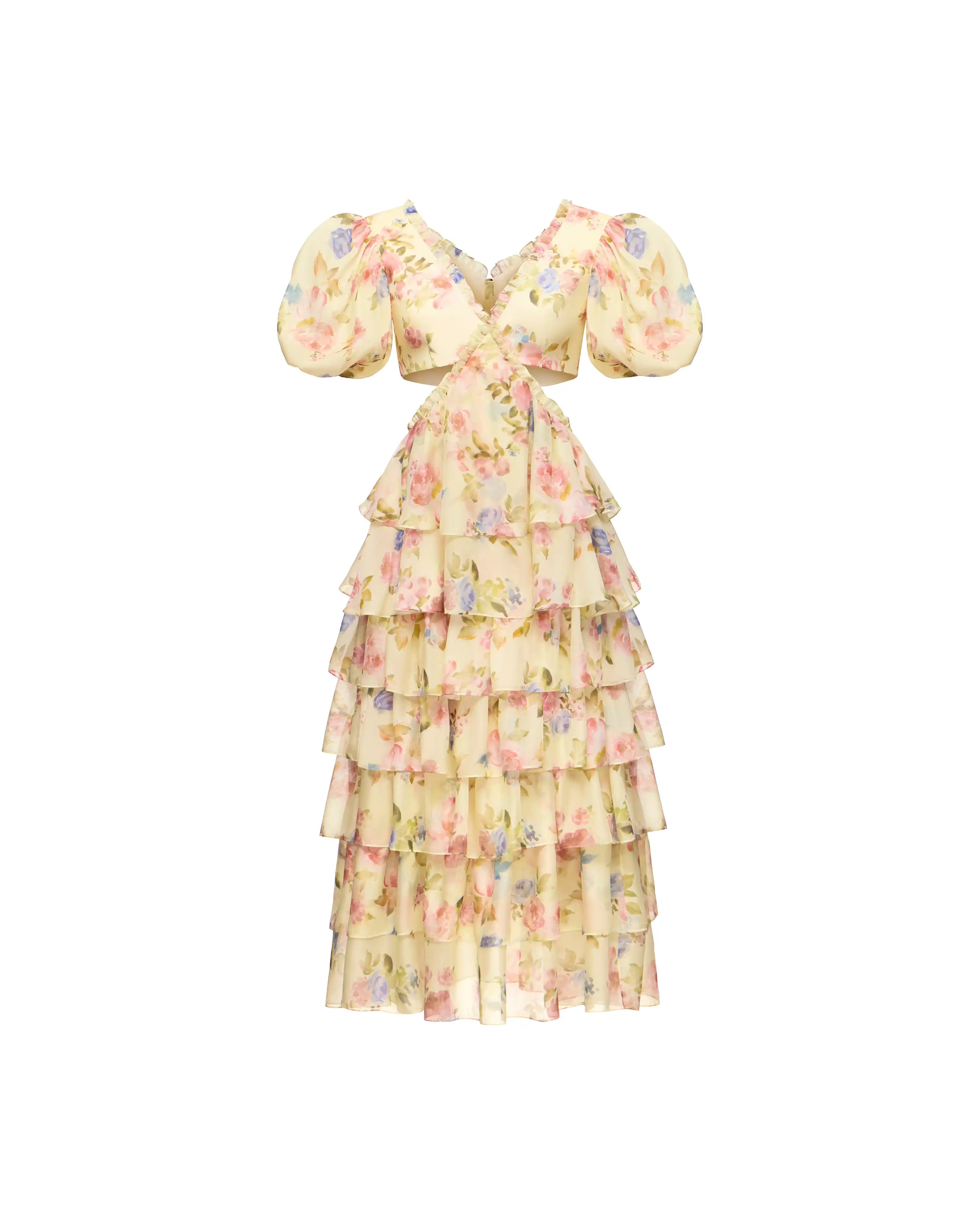 Kelly midi, midi dress in pale yellow chiffon with a floral print