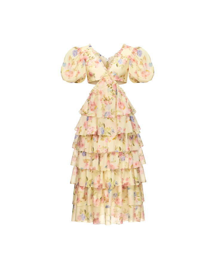 Kelly midi, midi dress in pale yellow chiffon with a floral print