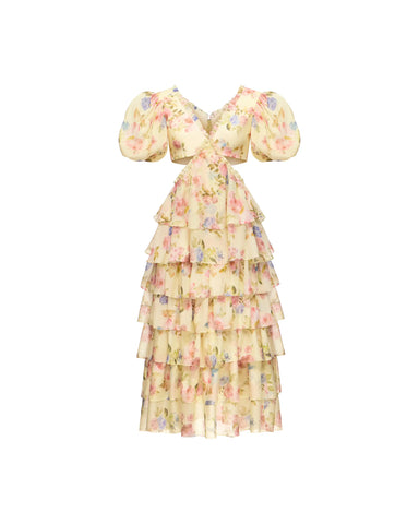 Kelly midi, midi dress in pale yellow chiffon with a floral print